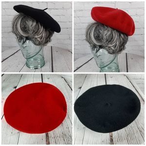 Vintage Thick Red Black Wool Reversible Beret Hat Stylish Retro Warm Cla…